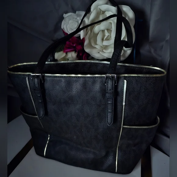 Michael Kors MK Logo Black + Silver Tote Shoulder Bag Purse - Picture 2 of 2